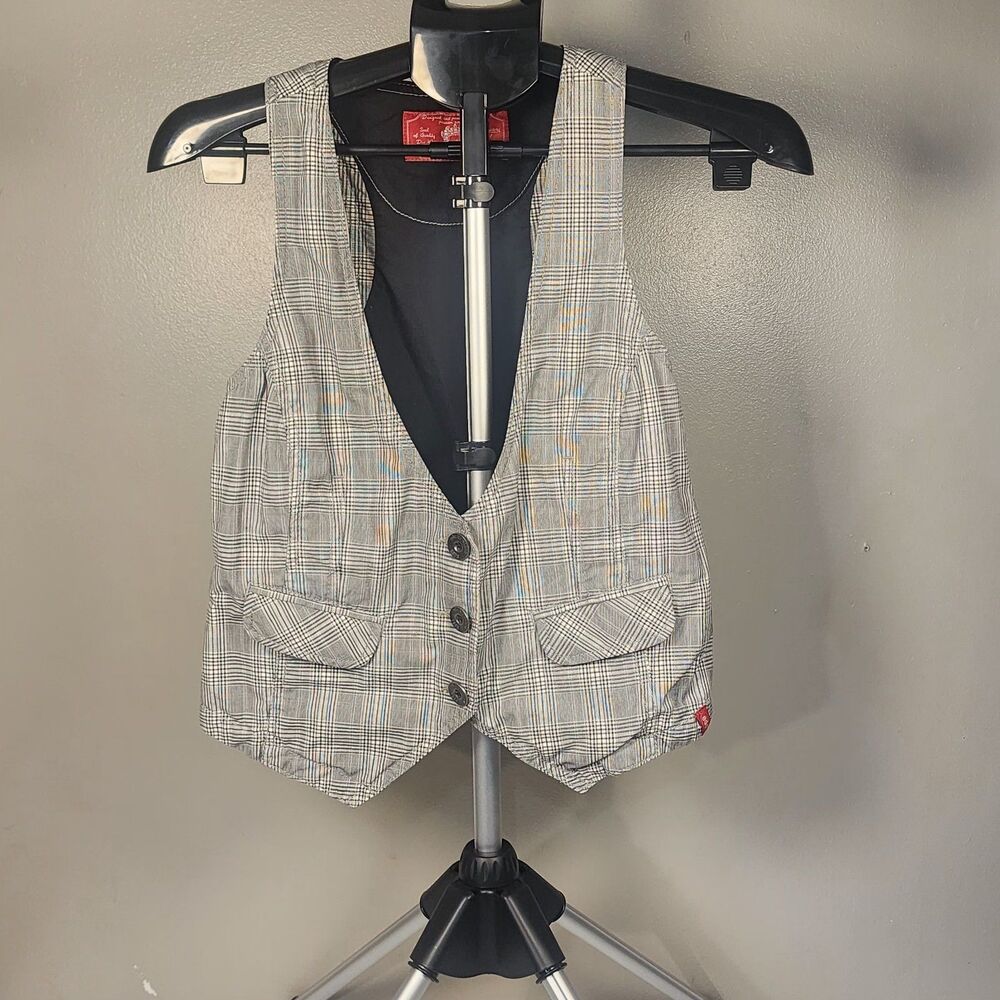 Vintage Y2K Style Plaid Waistcoat Vest Gray Multi Gingham Size M Dark Academia